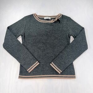 Daisy Eye Sweater Women M Gray Pink Tan Bow Neck Wool Blend Long Sleeve Pullover